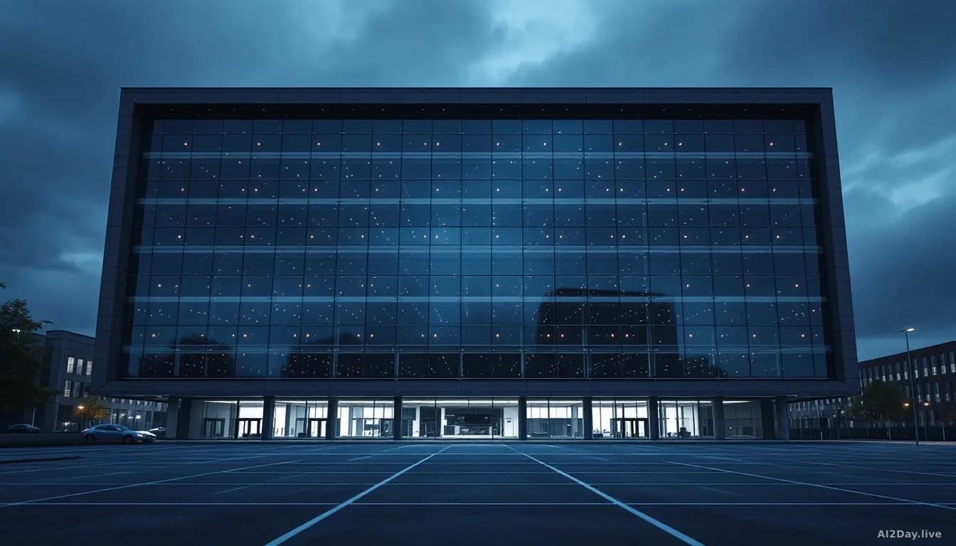 Photoreal news-editorial 16:9 image of a large brutalist government data centre building at dusk, its glass facade reflecting an overcast sky, rows of blinking 