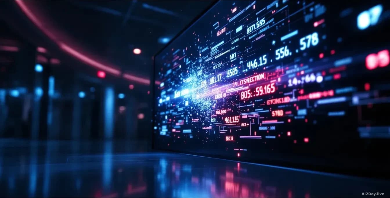 Photoreal news-editorial 16:9 image: a close-up of a glowing digital health record interface with fragmented, corrupted data patterns bleeding across the screen
