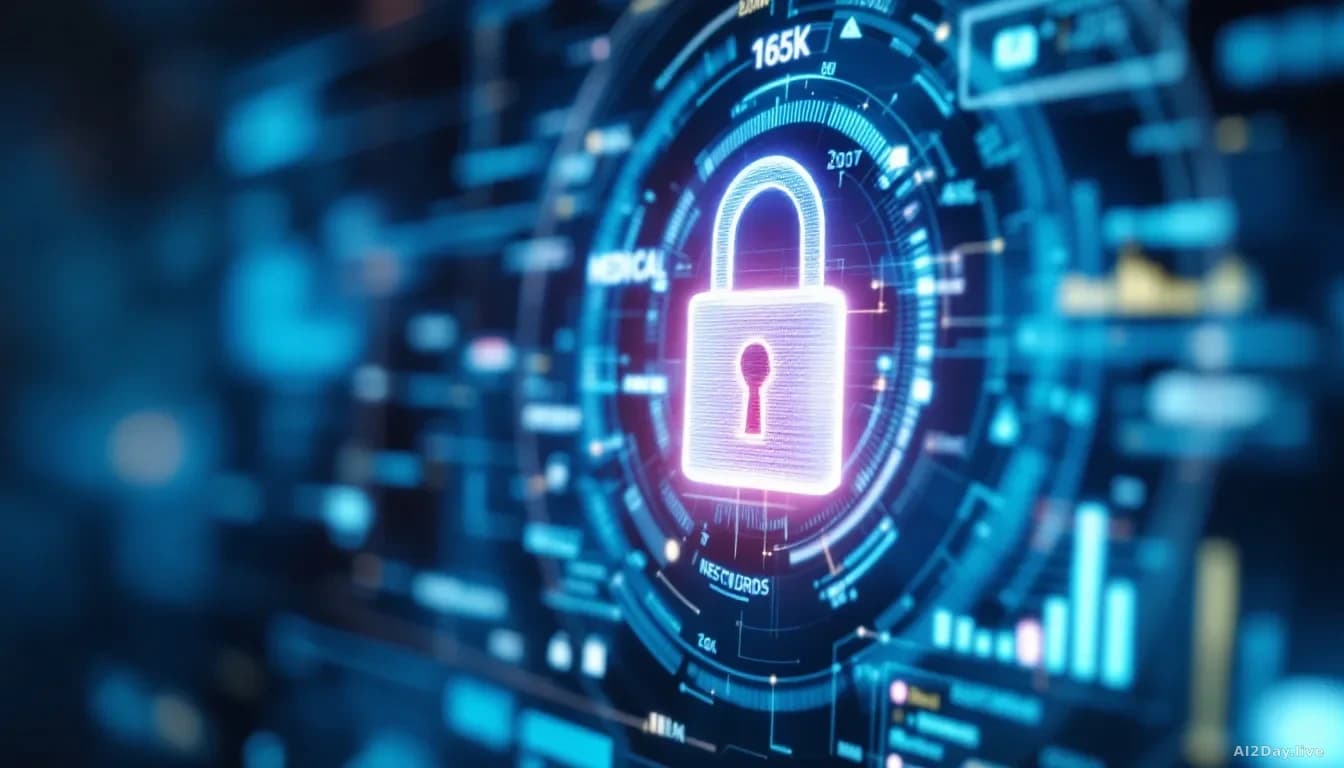 A close-up, photoreal, news-editorial style 16:9 image of a glowing digital lock overlaid on a softly blurred medical records interface, rendered in cool blue a
