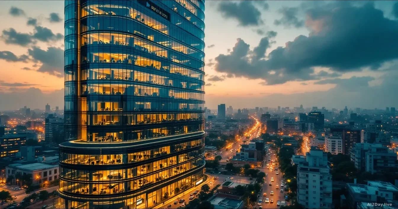 Aerial 16:9 photograph of a modern glass office tower in an Indian financial district at dusk, warm amber lights glowing from floors of open-plan offices, stree