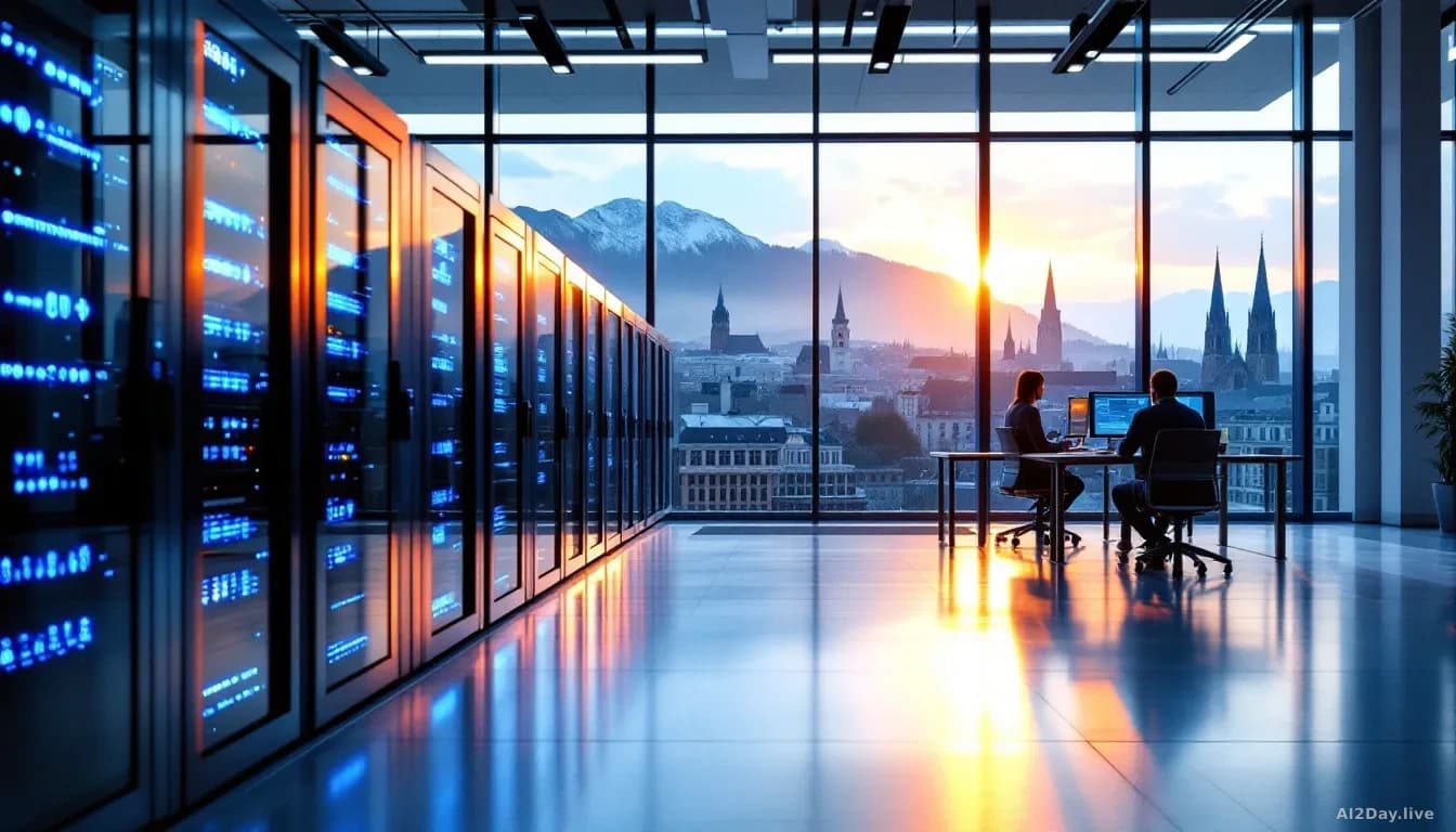 A sunlit modern research facility interior in Munich, rows of high-performance computer servers glowing blue and white, large floor-to-ceiling windows revealing