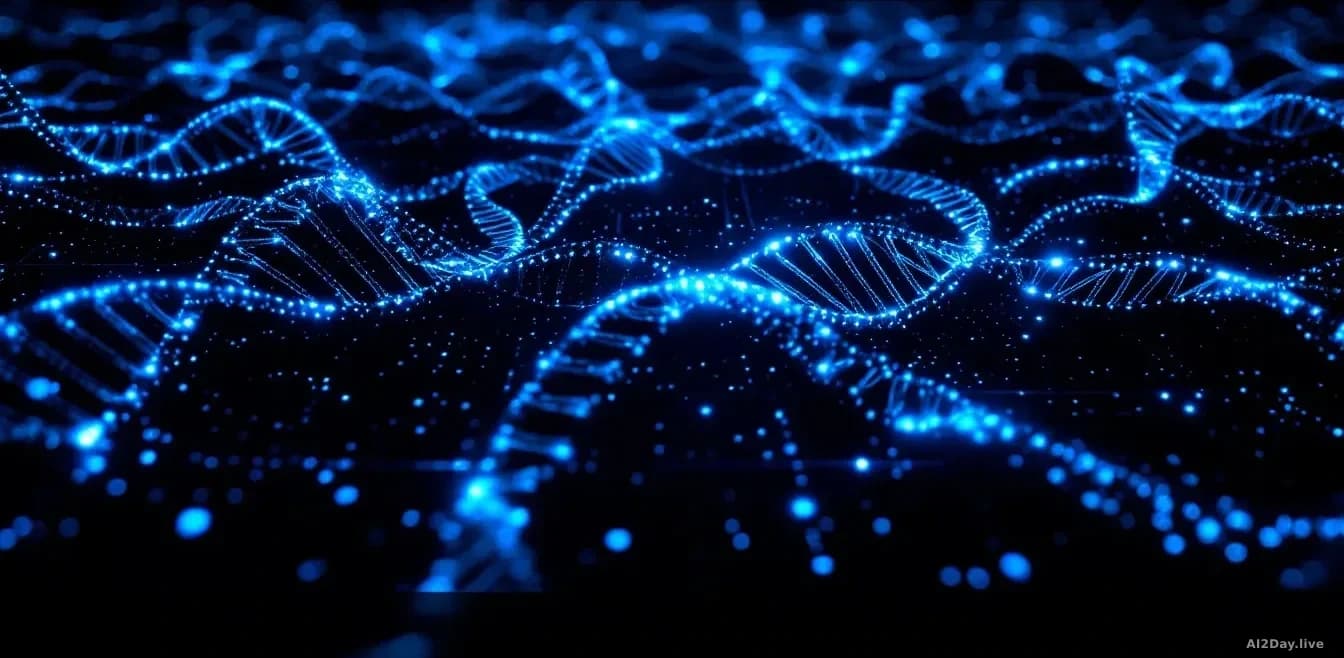 A vast illuminated grid of glowing DNA double-helix strands fills the frame edge to edge, rendered in cool blue and white against a dark background, with faint 