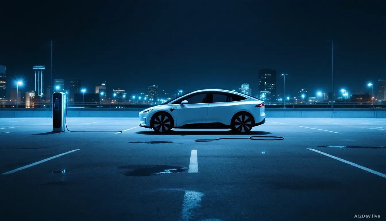 Photoreal news-editorial 16:9 image of a sleek white autonomous vehicle parked alone at night in an empty urban lot under harsh fluorescent lighting, a single c