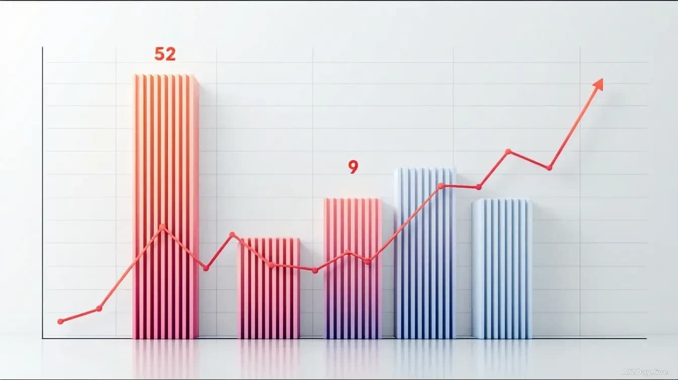 Abstract bar chart showing a tall column labelled 52 collapsing to a short column labelled 9, rendered in muted editorial colours with thin grid lines, no text 
