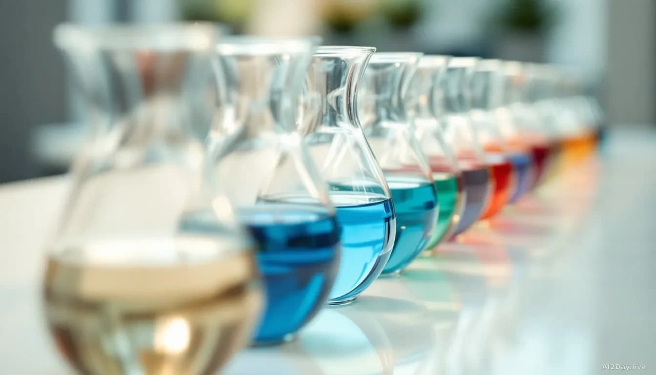 A macro photograph of a glass telephone game: a row of identical glass vessels, each containing coloured water in a slightly different shade than the one before