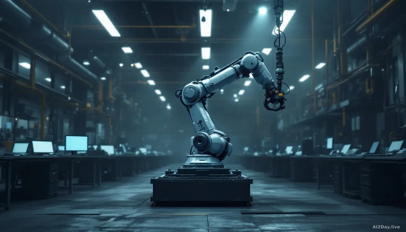 A large industrial robot arm frozen mid-motion in a dim factory, surrounded by empty workstations, harsh overhead fluorescent lighting casting long shadows acro