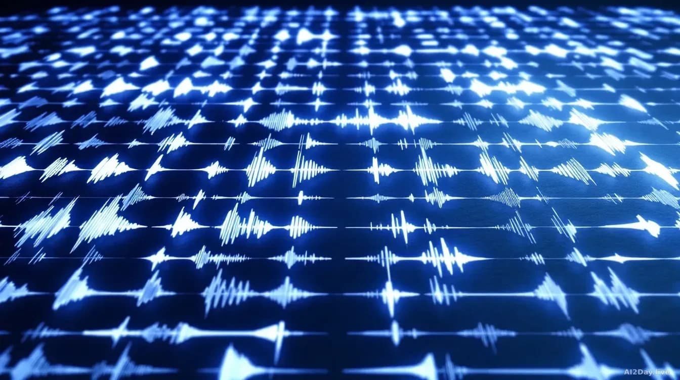 A dense grid of glowing audio waveforms in deep blue and white, each slightly different in shape, arranged in orderly rows across the full frame, suggesting man