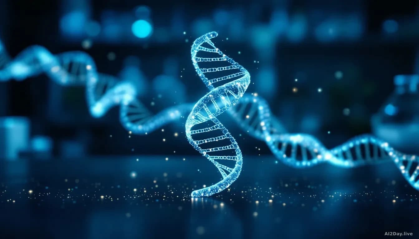 Photoreal editorial shot of a translucent 3D protein ribbon structure floating above a dark laboratory bench, faint glowing dot pattern subtly overlaid on the p