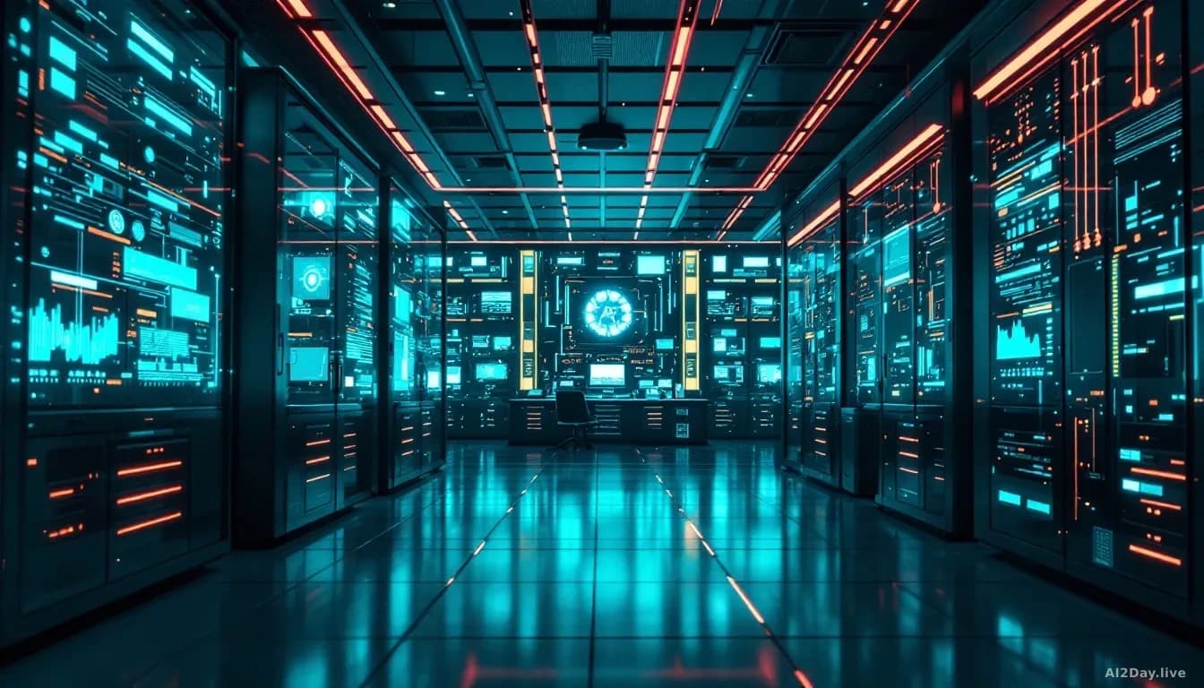 A cutting-edge AI laboratory with futuristic computer systems and glowing data streams, showcasing advanced technology