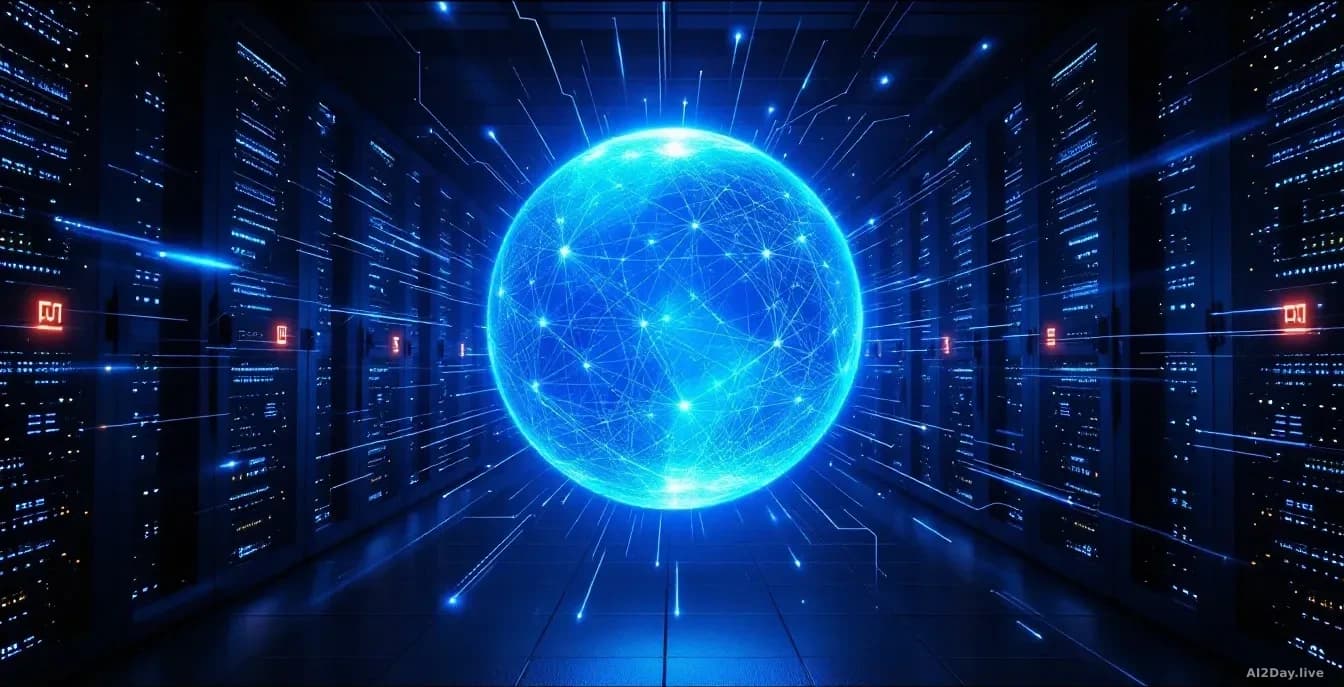 A glowing blue digital containment sphere, rendered in photoreal detail, floating inside a dark server room filled with rows of illuminated hardware