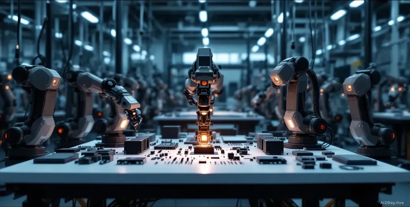 A single glowing mechanical arm precisely assembling circuit components on a clean white workbench, surrounded by dozens of unused, disconnected robotic arms ha
