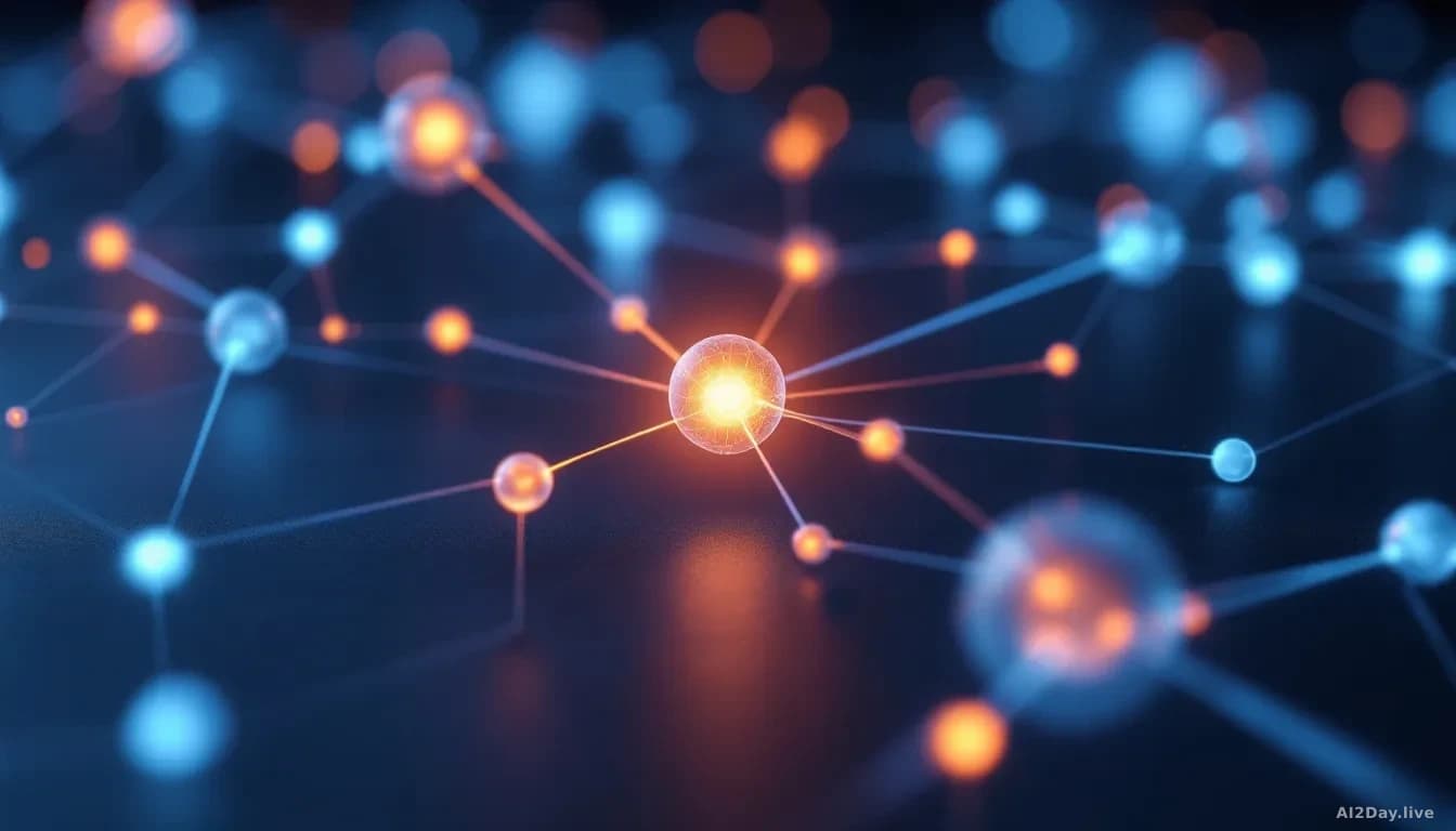 A glowing neural network diagram rendered as a physical object, like frosted glass nodes connected by thin light-threads, sitting on a dark matte surface
