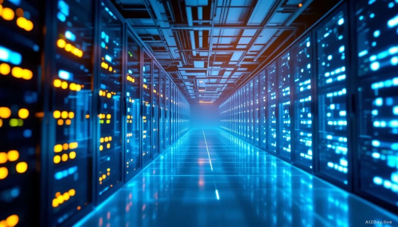 Rows of glowing server racks inside a large modern data centre, cool blue and white lighting, cables running neatly between units, shot from a low angle looking