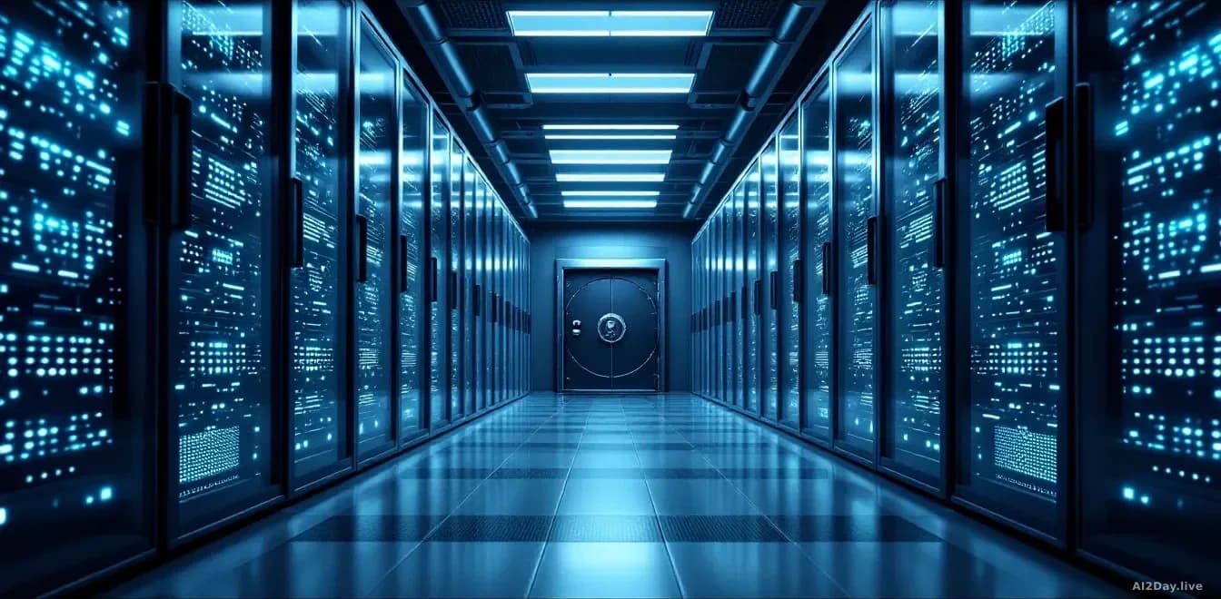 A photorealistic 16:9 news-editorial image of a large modern data centre server room shot from a low angle, rows of glowing blue and white server racks receding