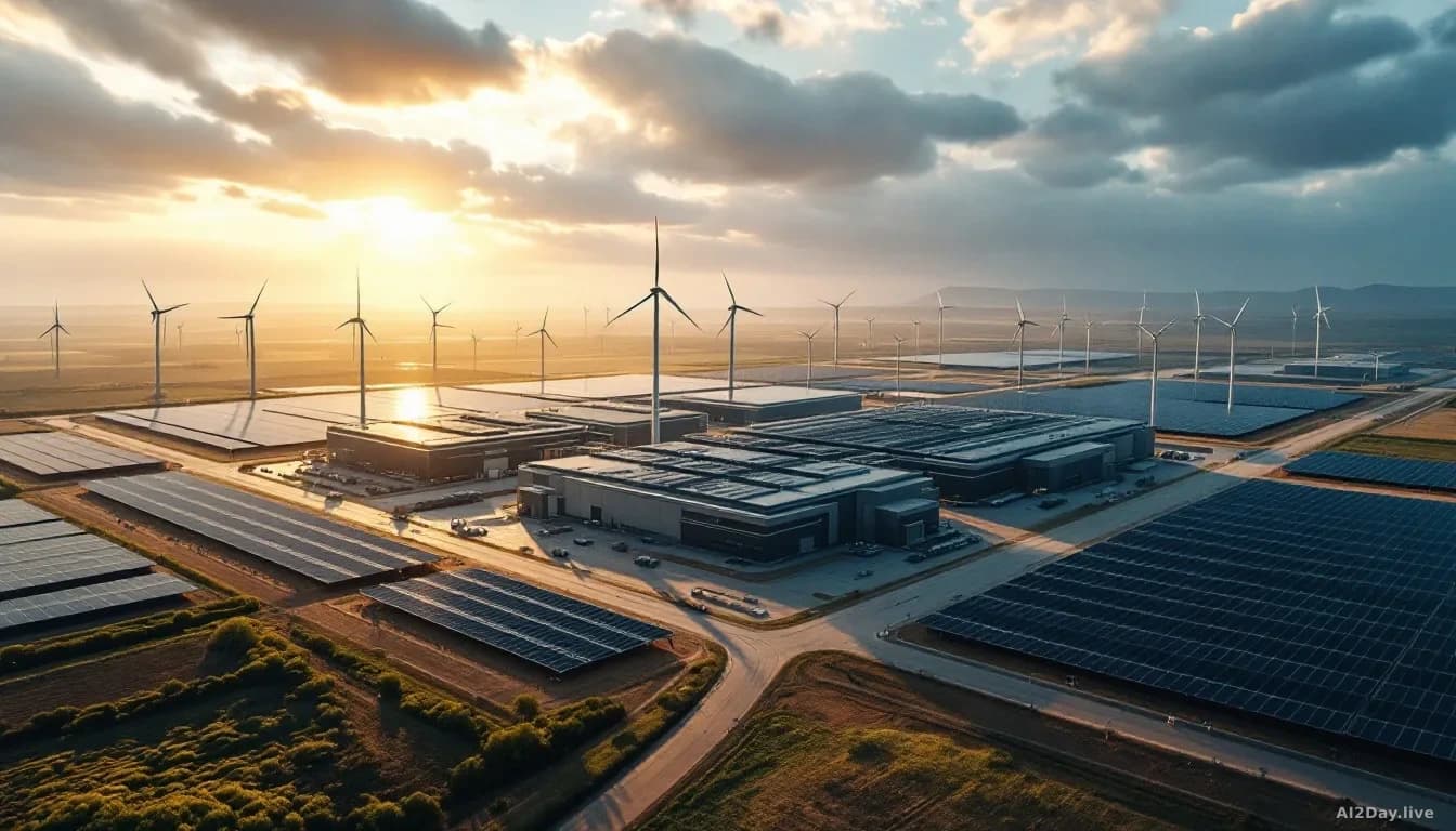 Aerial 16:9 editorial photograph of a massive industrial data centre complex surrounded by solar panels and wind turbines on a flat plain, late afternoon golden