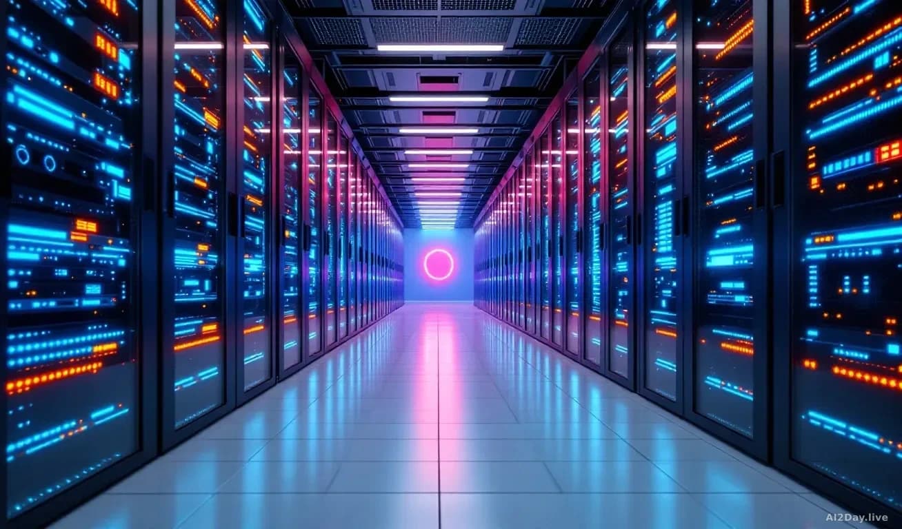 A large modern server room seen from floor level, rows of blinking blue and amber rack lights receding into the distance, a single red warning light pulsing at 