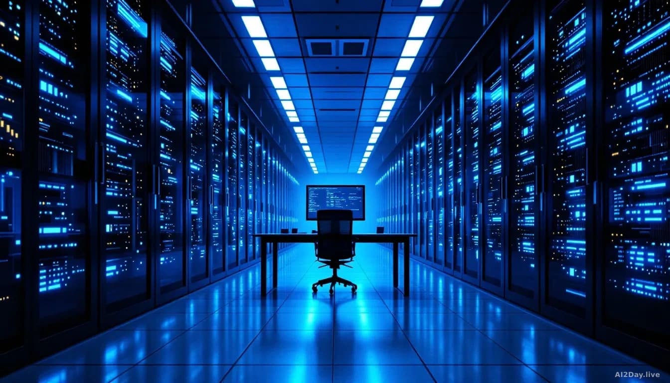 A wide office server room shot from floor level, rows of glowing blue server racks receding into the distance, a single unoccupied desk with a monitor displayin