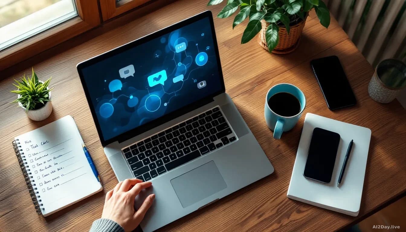 Photoreal editorial overhead shot of a wooden desk with a laptop showing an abstract blue chat interface, a notebook with handwritten task lists, a coffee cup a