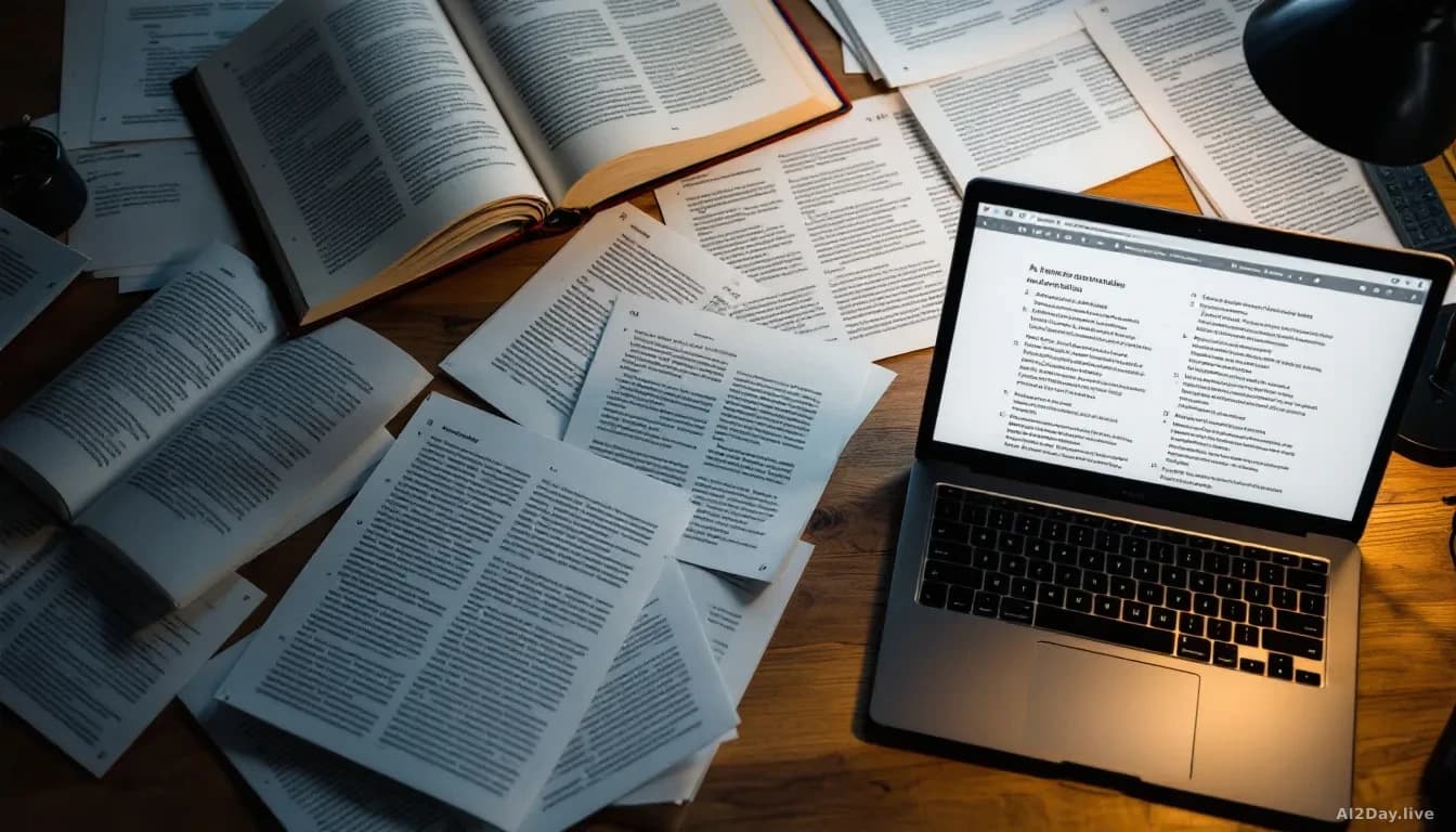 A close-up, top-down view of a researcher's wooden desk covered in open academic journals and printed papers with highlighted passages, beside a modern laptop s