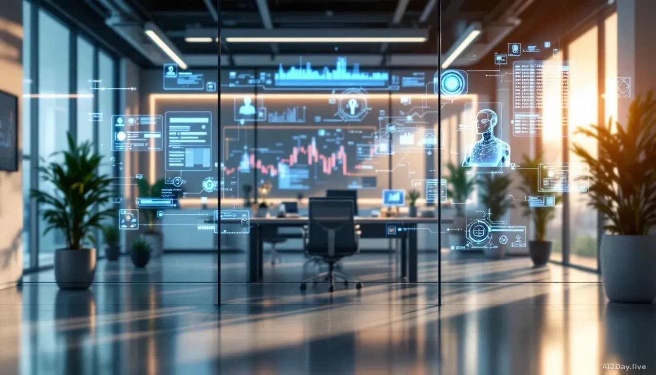 A futuristic office setting with digital interfaces and AI holograms, showing a seamless integration of technology in a business environment