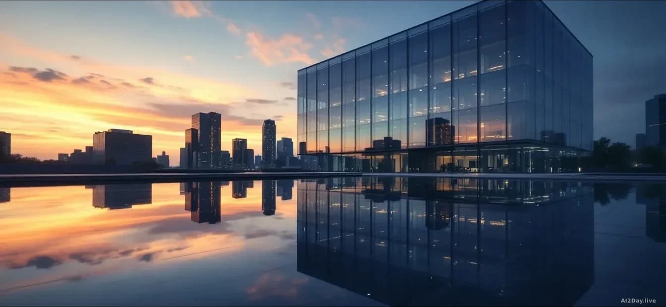 A glass-and-steel corporate headquarters building reflected in a still pool of water at dusk, the sky shifting from orange to deep blue, suggesting both ambitio