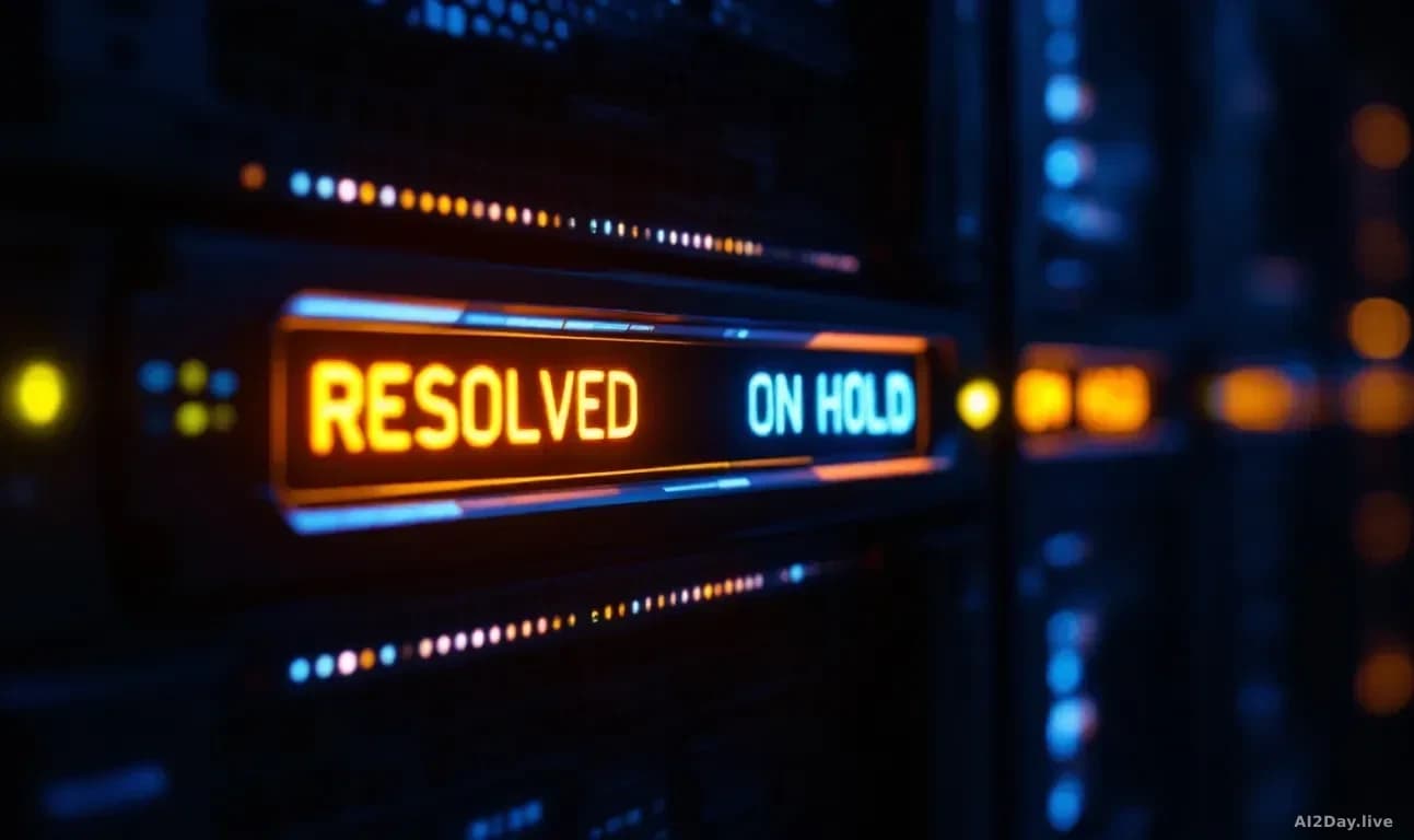 Photoreal news-editorial 16:9 image: a glowing server rack in a dark data centre, with a single illuminated status display showing mismatched fields, one column