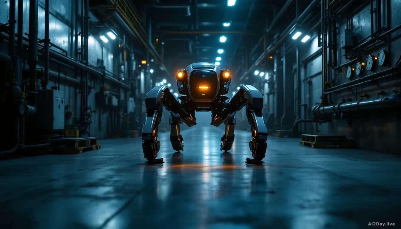 Photoreal news-editorial 16:9 image of a sleek four-legged industrial robot moving through a dimly lit oil refinery corridor at night, thermal camera glow visib