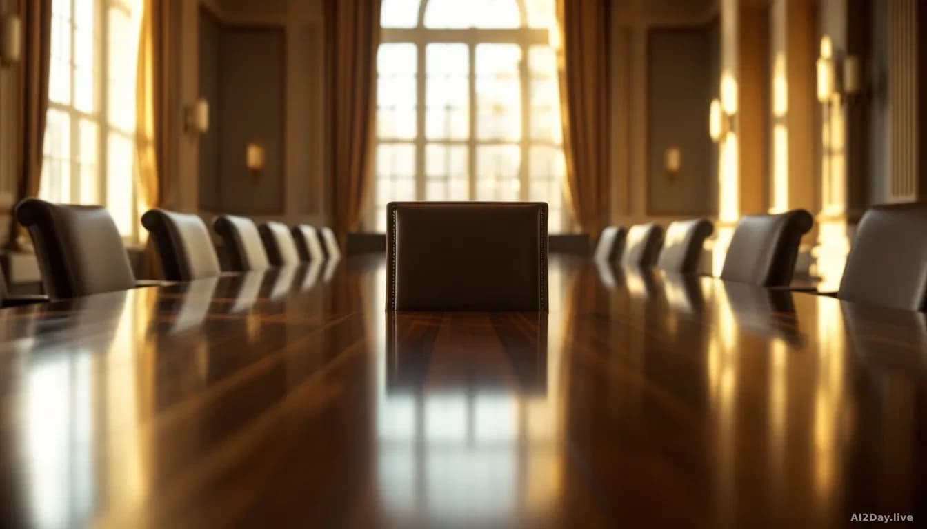 An empty chair at a long polished conference table inside a grand government meeting room, surrounded by full chairs, warm sunlight coming through tall windows,