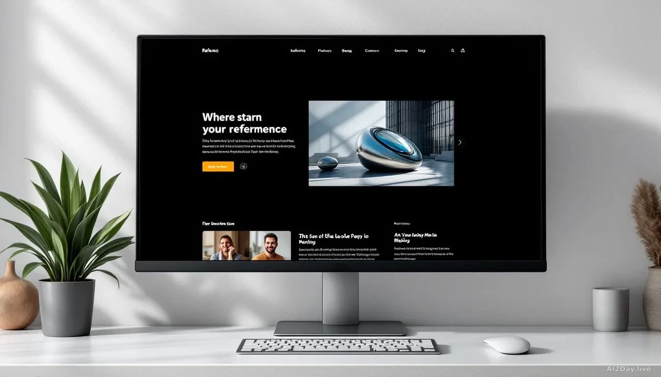 A sleek modern computer monitor on a minimal desk displaying a cleanly designed reference website interface, soft neutral lighting, sharp editorial focus, 16:9 