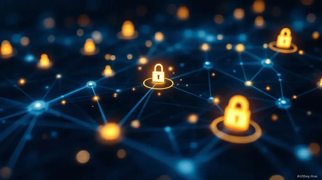 A close-up, photoreal, news-editorial 16:9 image of a glowing neural network diagram on a dark blue background, with faint digital lock icons overlaid across th