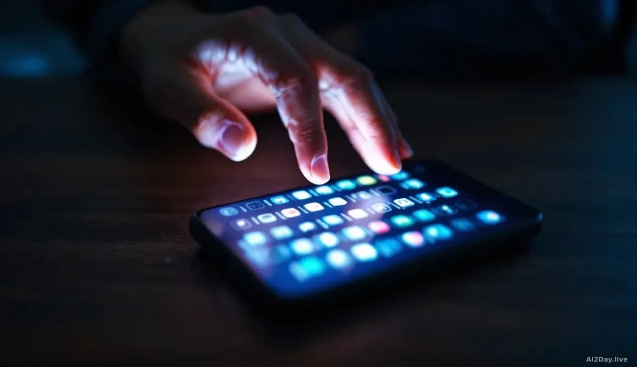 A glowing smartphone screen casting blue light across a dark wooden desk, the screen showing a blurred grid of identical social media profile icons in faint row