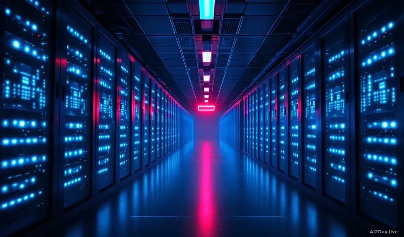 A vast dark server room with blue LED lighting, rows of cloud server racks stretching into the distance, a single red warning light pulsing in the foreground, c