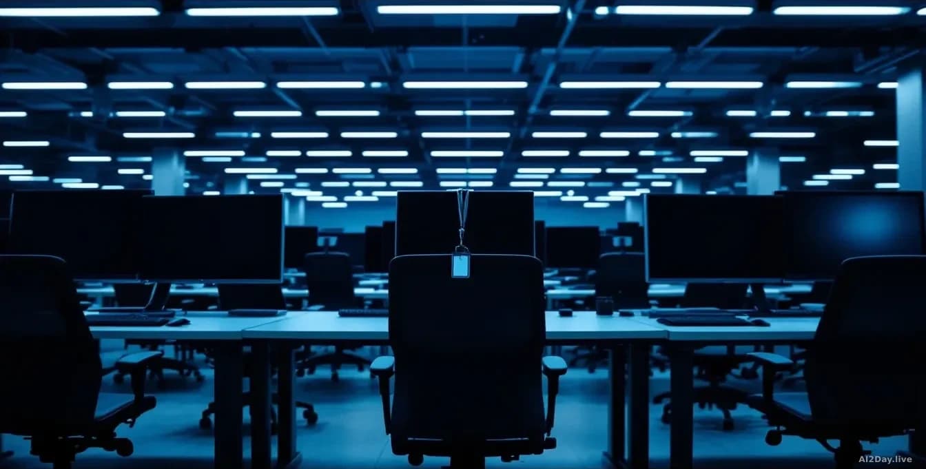 Illustration: A large modern open-plan office at night, empty ergonomic chairs facing dark monitor screens