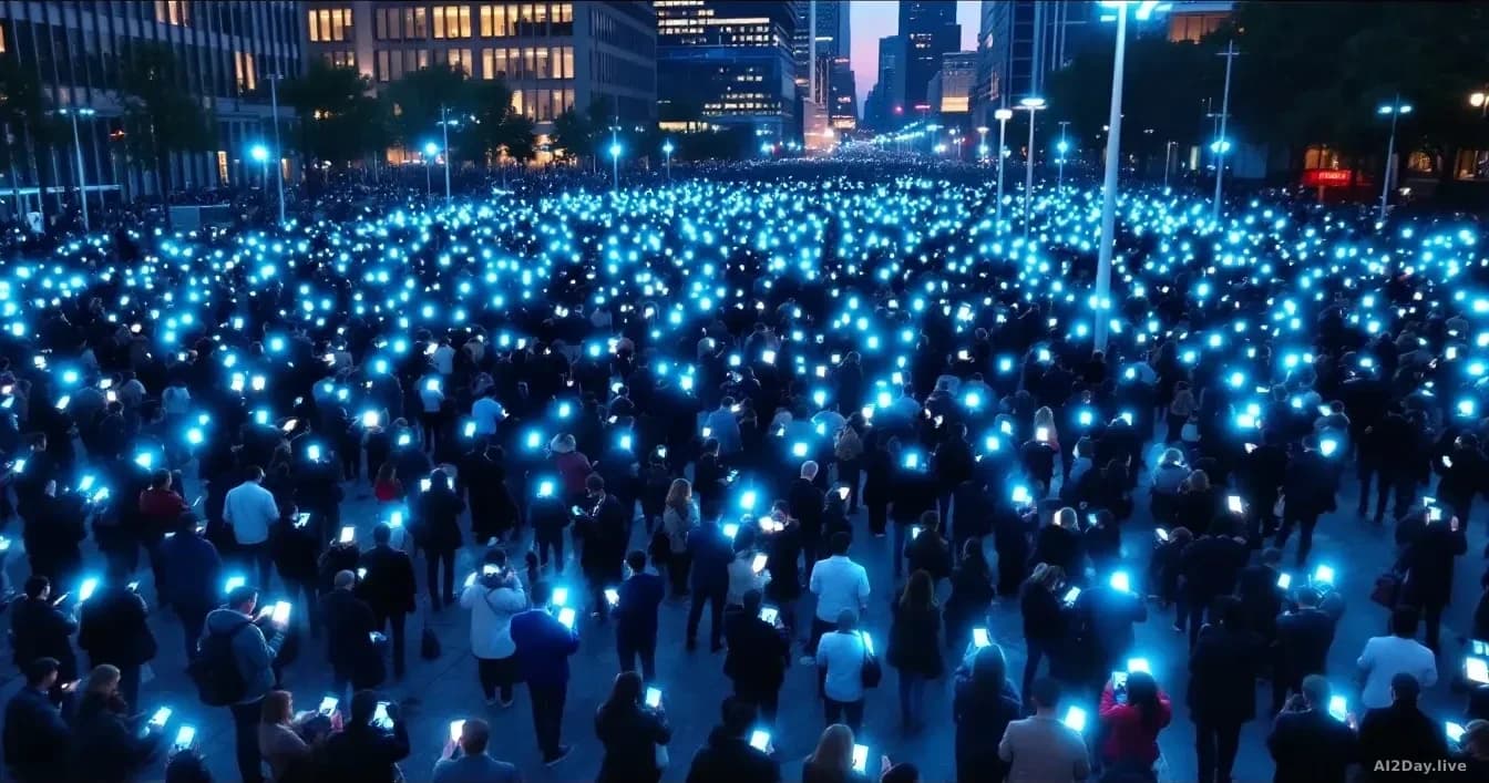 Illustration: a crowded modern city plaza at dusk, hundreds of anonymous pedestrians all looking down at glowing smartphone