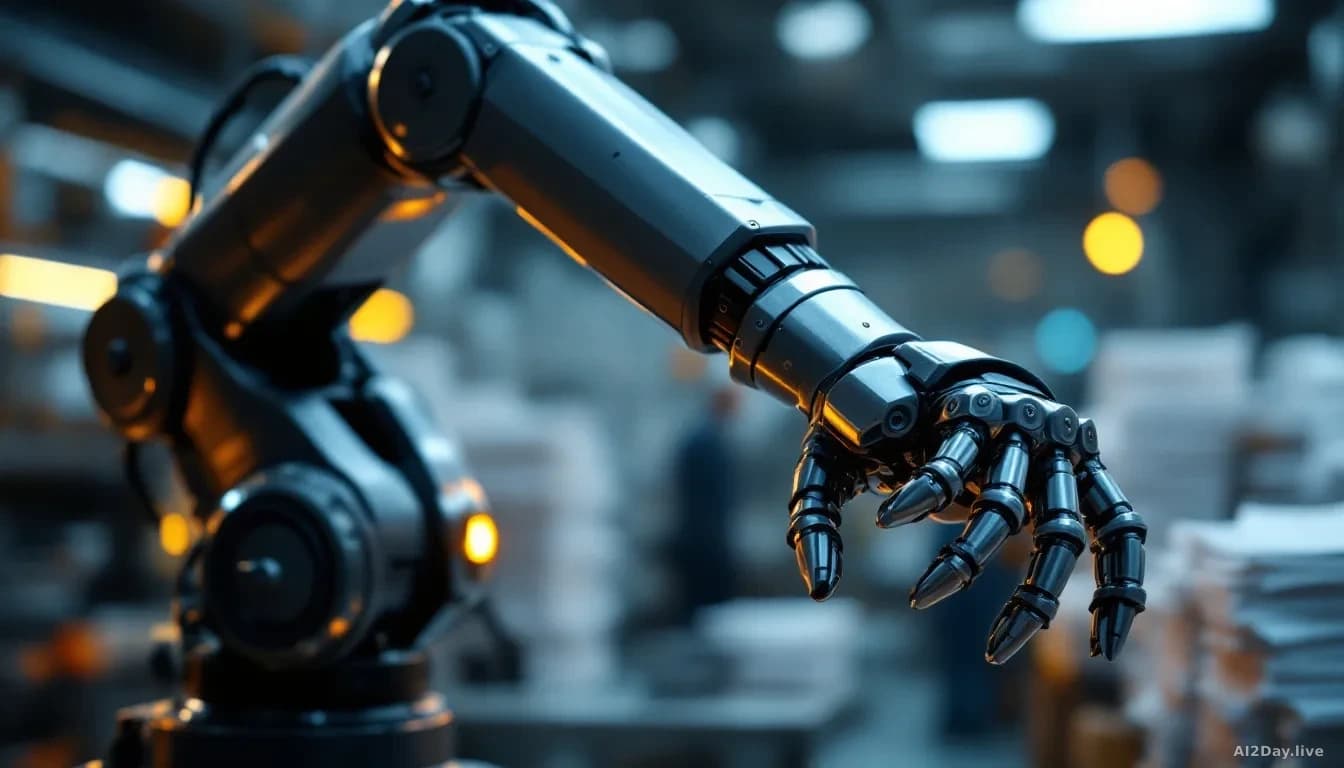 Illustration: a robotic arm in a clean industrial setting