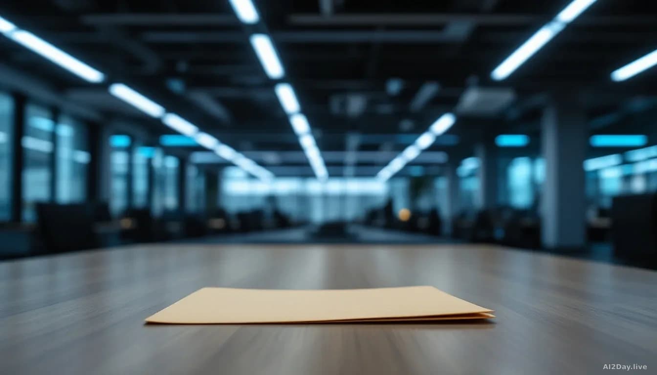 Illustration: A wide empty desk in a modern open-plan office, a single manila folder left behind on the surface