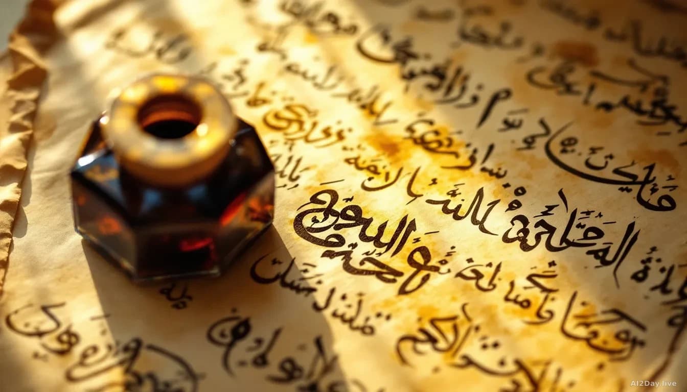 Illustration: a traditional Arabic calligraphy inkwell and reed pen resting on aged parchment covered in flowing Arabic