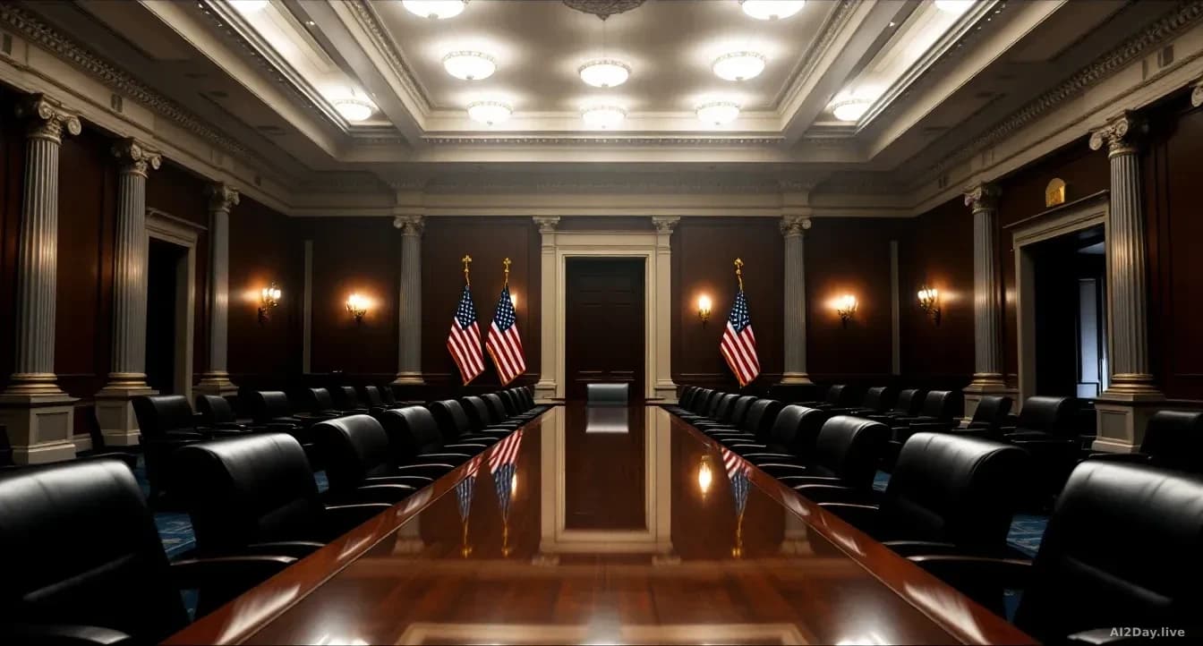 Illustration: An empty, grand government conference room with a long polished wooden table reflecting overhead lights