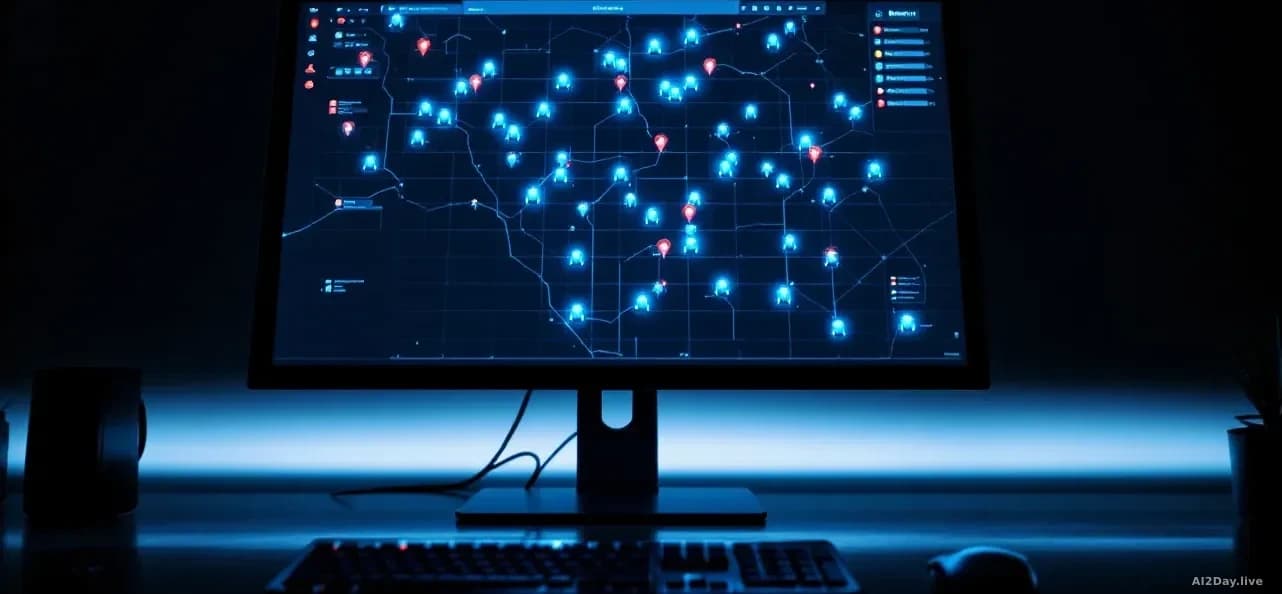 Illustration: A glowing computer monitor in a darkened room displays a top-down tactical grid map with unit markers in blue