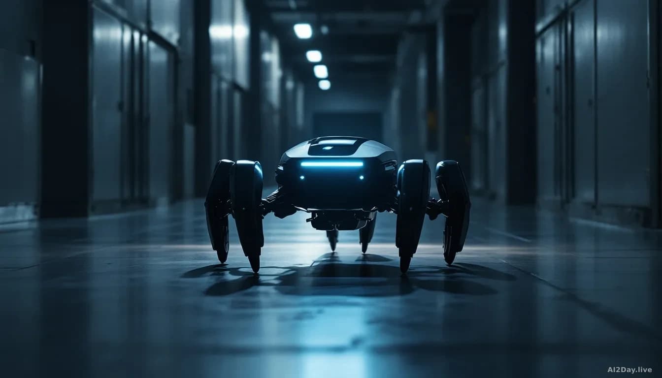 Illustration: a sleek four-legged autonomous patrol robot moving through a dimly lit industrial corridor at night