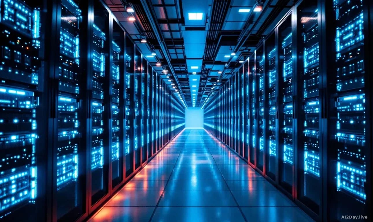 Illustration: A vast server room with long rows of glowing blue and white rack-mounted computers receding into the distance