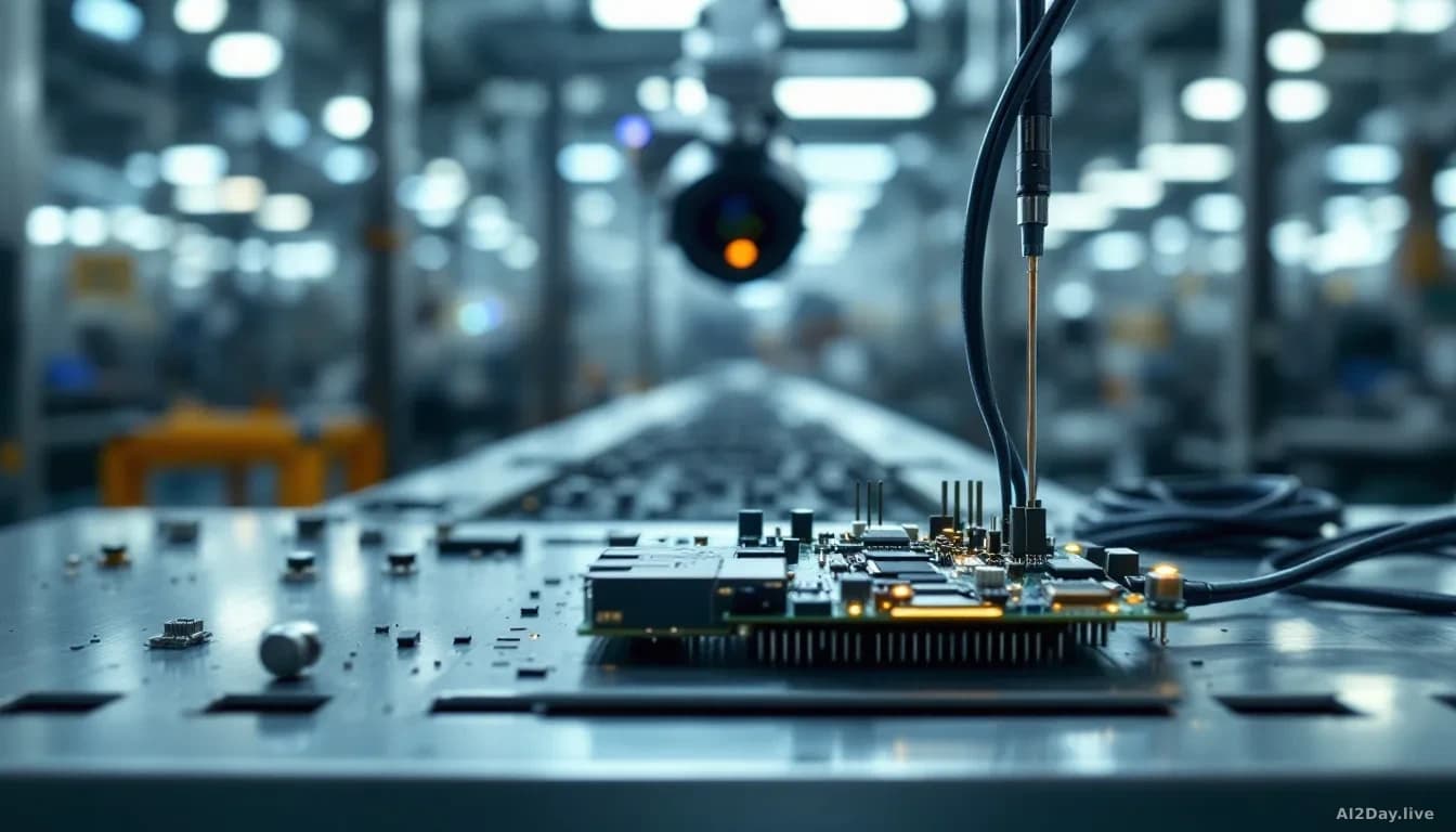 Illustration: A small palm-sized circuit board computer with heat fins sits on a steel factory workbench