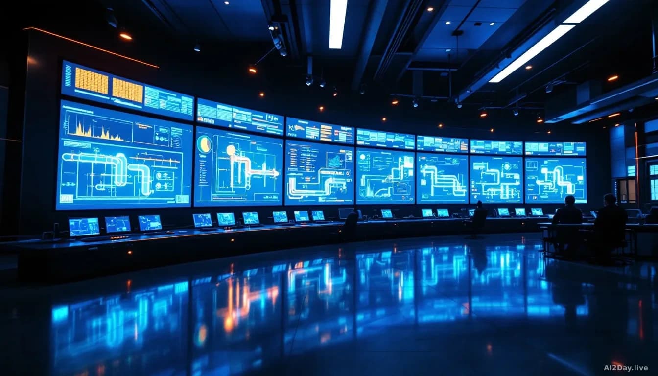 Illustration: a large modern industrial control room at night