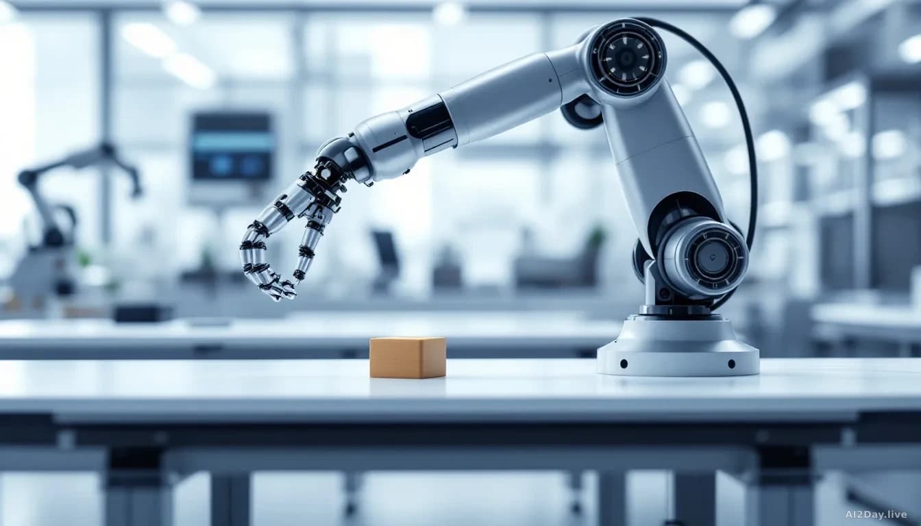 Illustration: A sleek mechanical robot arm with a silver and matte-grey finish reaching toward a small household object