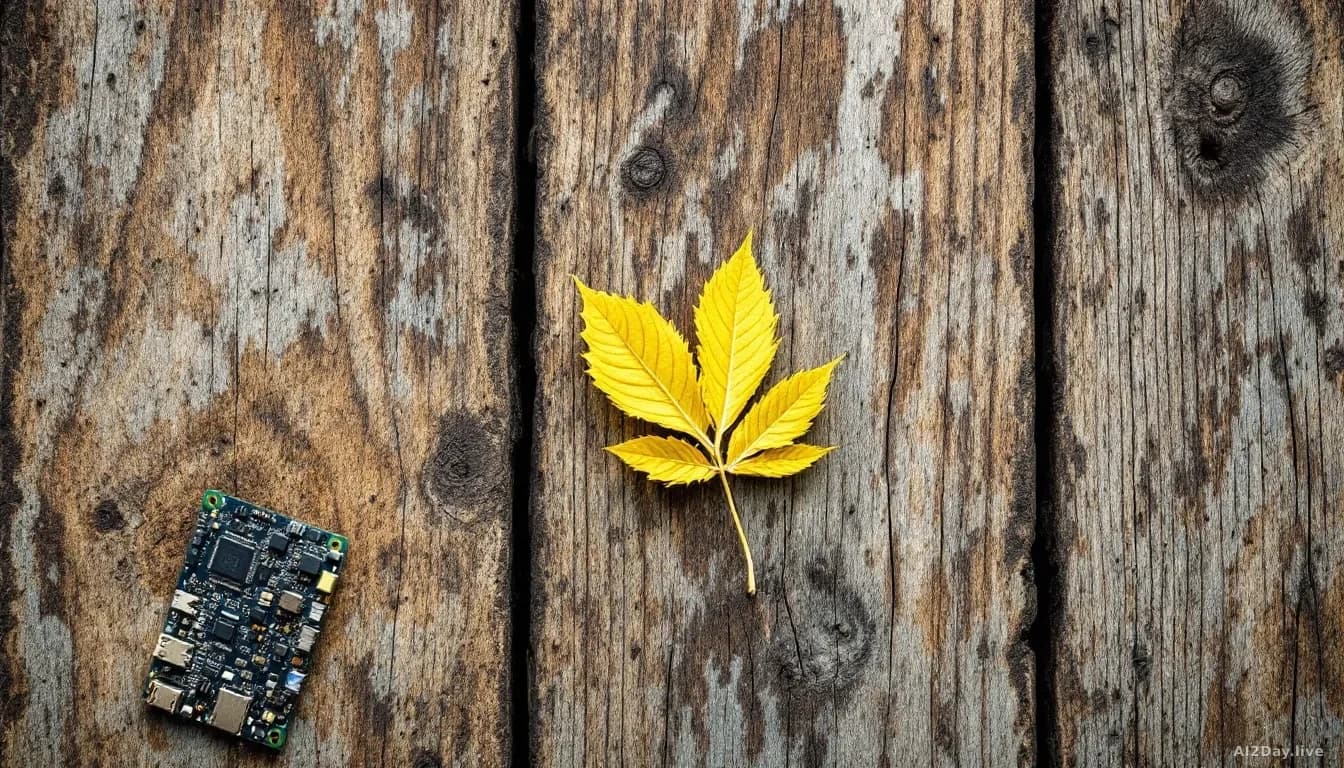 Illustration: a single yellowing citrus leaf on a weathered wooden surface, next to a small circuit board