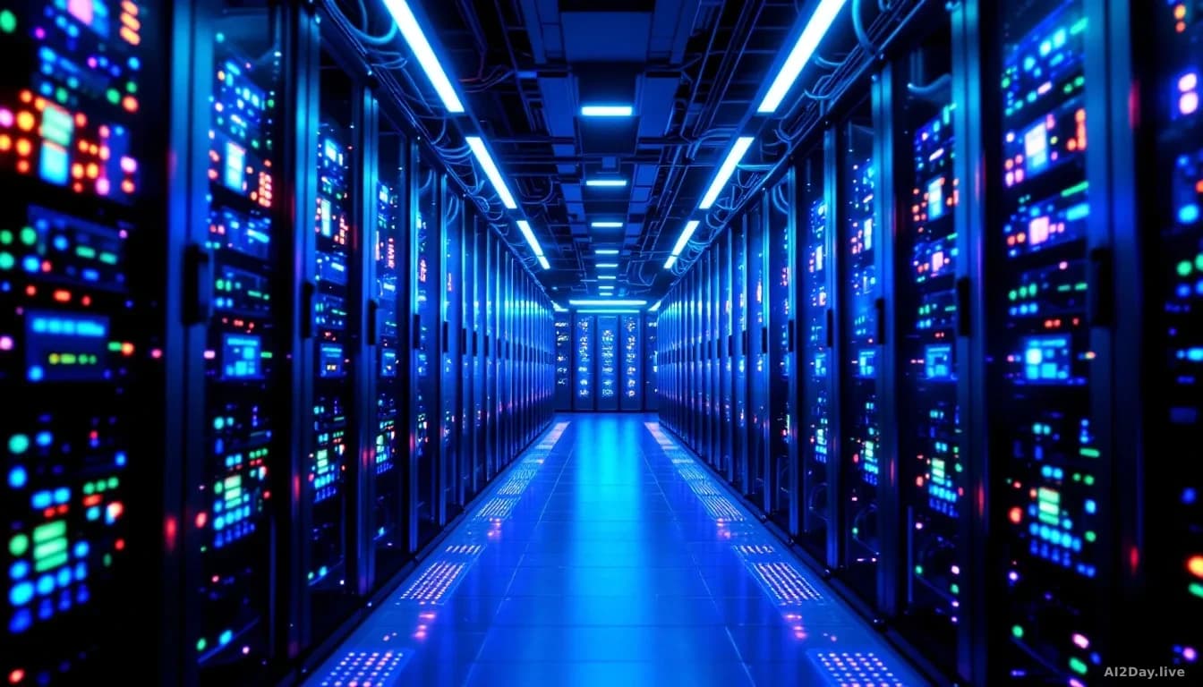Illustration: A dense server room filled with rows of glowing GPU racks bathed in cool blue and green light