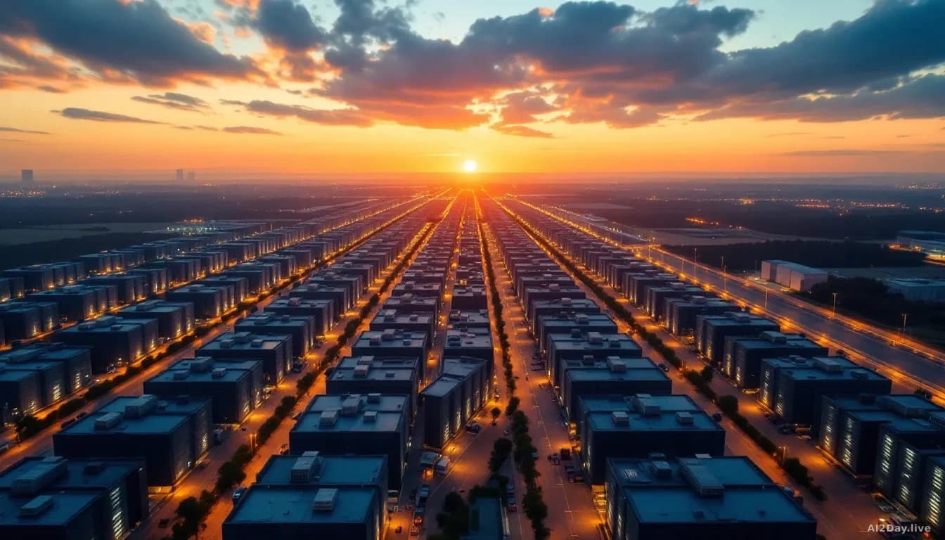 Illustration: a massive data centre campus at dusk, rows of identical grey server buildings stretching to the horizon