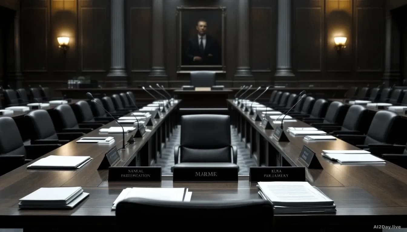 Illustration: An empty chair at a long polished parliamentary committee table, surrounded by microphones, name placards