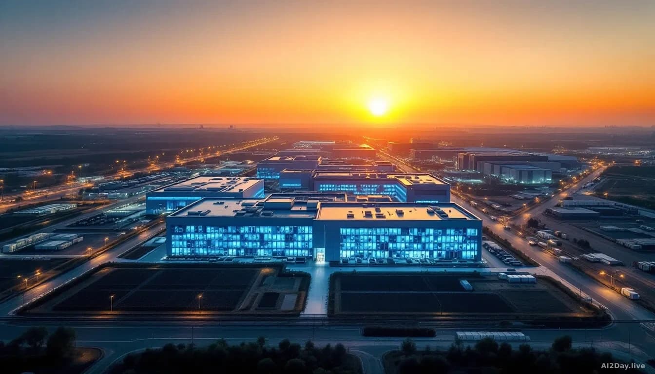 Illustration: a large modern semiconductor fabrication facility at dusk