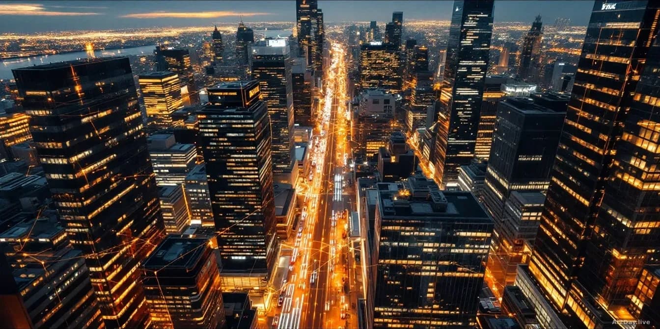 Illustration: a busy financial district at dusk, glass towers reflecting amber city light